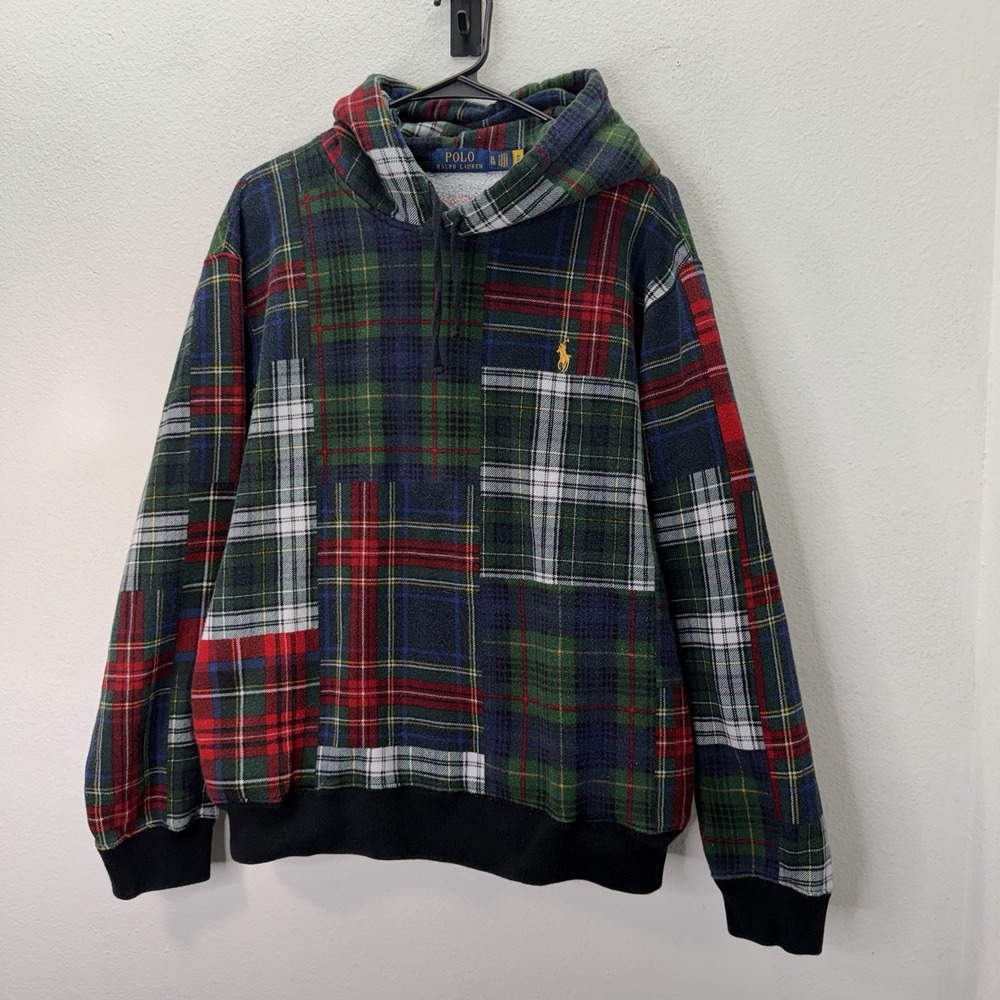 Polo Ralph Lauren Patchwork Plaid Fleece Hoodie Men's XL Pullover Preppy Holiday